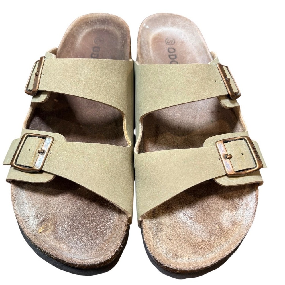 Odoly Double Strap Slide Sandals Womens 42 Tan Beige Cork Footbed Buckle Shoes